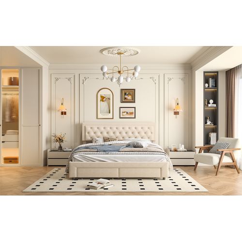 Lit Double 180x200 Avec Rangement Et Tête De Lit Capitonnée, Tiroirs En Fer, Velours, Beige