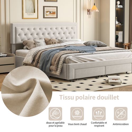 Lit Double 180x200 Avec Rangement Et Tête De Lit Capitonnée, Tiroirs En Fer, Velours, Beige