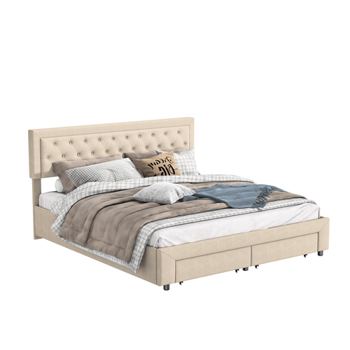 Lit Double 180x200 Avec Rangement Et Tête De Lit Capitonnée, Tiroirs En Fer, Velours, Beige