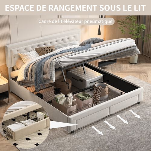 Lit Double 180x200 Avec Rangement Et Tête De Lit Capitonnée, Tiroirs En Fer, Velours, Beige