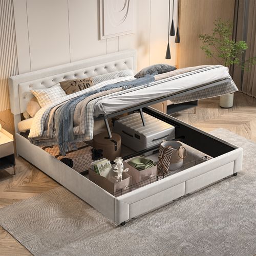 Lit Double 180x200 Avec Rangement Et Tête De Lit Capitonnée, Tiroirs En Fer, Velours, Beige