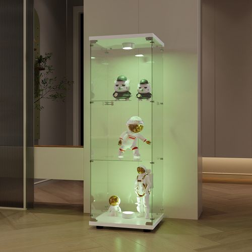 Vitrine LED En Verre, 3 Niveaux, Avec Porte, Serrure Et Éclairage, Affichage Transparent, Blanc