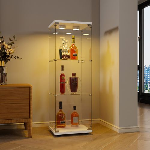 Vitrine LED En Verre, 3 Niveaux, Avec Porte, Serrure Et Éclairage, Affichage Transparent, Blanc