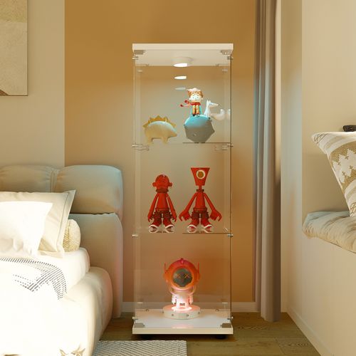 Vitrine LED En Verre, 3 Niveaux, Avec Porte, Serrure Et Éclairage, Affichage Transparent, Blanc