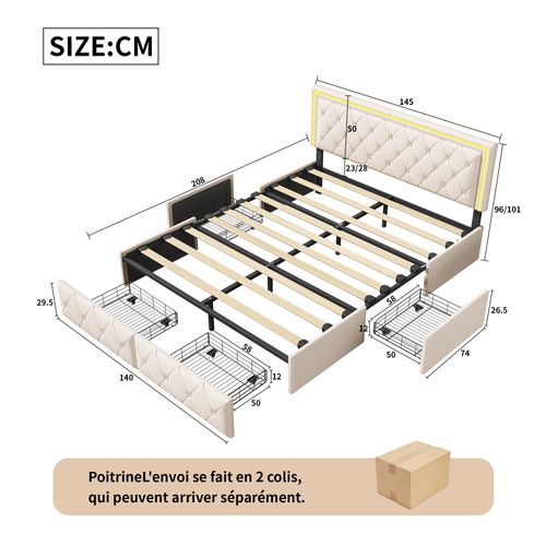 Lit Double Adulte Avec Éclairage LED, Avec 4 Tiroirs Et Éclairage LED, 140 X 200 Cm, Pu Beige