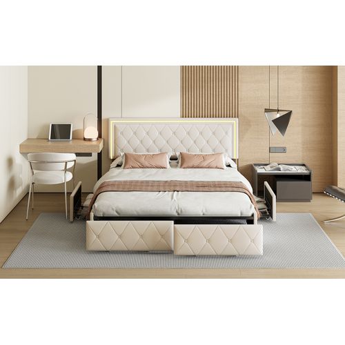 Lit Double Adulte Avec Éclairage LED, Avec 4 Tiroirs Et Éclairage LED, 140 X 200 Cm, Pu Beige