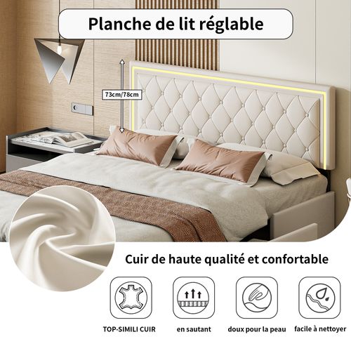Lit Double Adulte Avec Éclairage LED, Avec 4 Tiroirs Et Éclairage LED, 140 X 200 Cm, Pu Beige