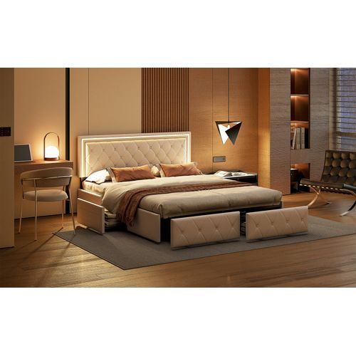 Lit Double Adulte Avec Éclairage LED, Avec 4 Tiroirs Et Éclairage LED, 140 X 200 Cm, Pu Beige