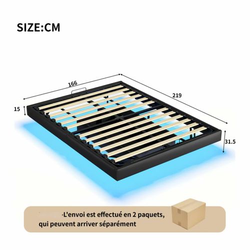 Lit Adulte 160x200 Cm, Design Flottant, Sans Tête De Lit, Avec Éclairage LED, Noir
