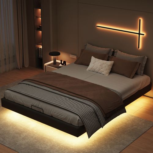 Lit Adulte 160x200 Cm, Design Flottant, Sans Tête De Lit, Avec Éclairage LED, Noir