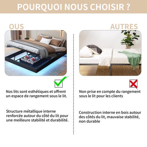 Lit Adulte 160x200 Cm, Design Flottant, Sans Tête De Lit, Avec Éclairage LED, Noir