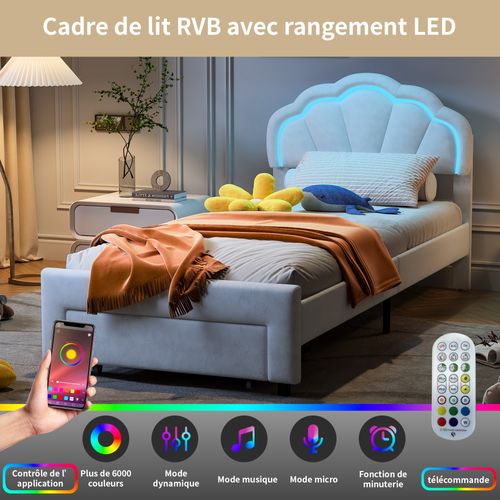 Lit Enfant 90x200cm Avec Éclairage LED Et Tiroirs, Tête De Lit En Forme De Pétale, Blanc, Velours