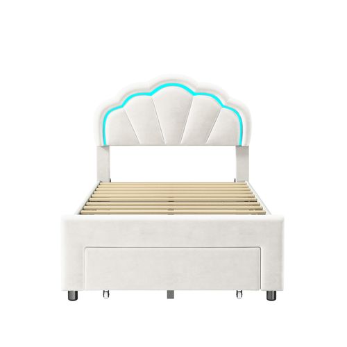 Lit Enfant 90x200cm Avec Éclairage LED Et Tiroirs, Tête De Lit En Forme De Pétale, Blanc, Velours