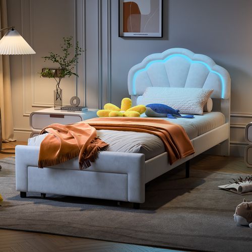 Lit Enfant 90x200cm Avec Éclairage LED Et Tiroirs, Tête De Lit En Forme De Pétale, Blanc, Velours
