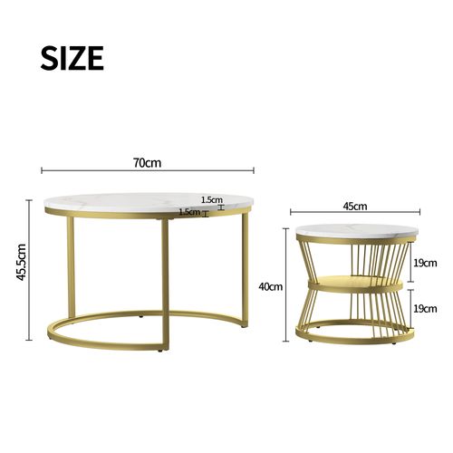 Lot De 2 Tables Basses Gigognes, Aspect Marbre, Rangement, Pieds En Métal, Blanc