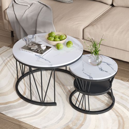 Lot De 2 Tables Basses Gigognes, Aspect Marbre, Tables D'appoint Modernes Avec Rangement, Noires