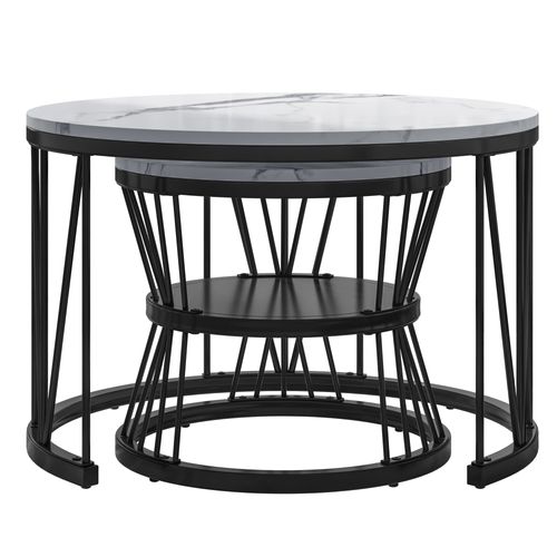Lot De 2 Tables Basses Gigognes, Aspect Marbre, Tables D'appoint Modernes Avec Rangement, Noires