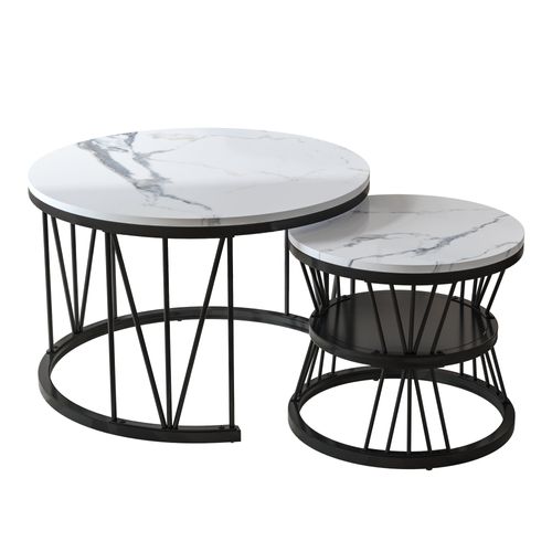 Lot De 2 Tables Basses Gigognes, Aspect Marbre, Tables D'appoint Modernes Avec Rangement, Noires