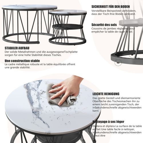 Lot De 2 Tables Basses Gigognes, Aspect Marbre, Tables D'appoint Modernes Avec Rangement, Noires