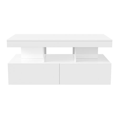 Table Basse LED Moderne Avec Étagères Ouvertes Et 2 Tiroirs, Design Double Couche,blanc