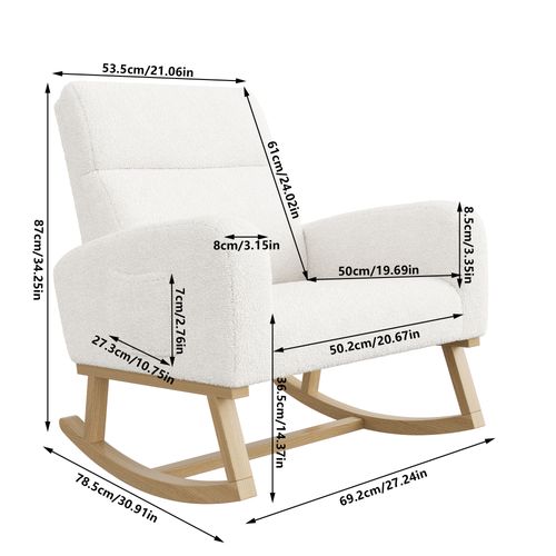 Fauteuil à Bascule En Peluche Teddy, Fauteuil De Lecture Avec Poches, Pieds En Bois Massif, Blanc
