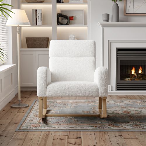 Fauteuil à Bascule En Peluche Teddy, Fauteuil De Lecture Avec Poches, Pieds En Bois Massif, Blanc