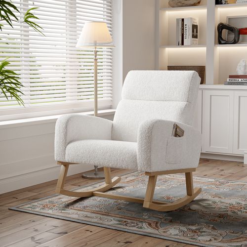 Fauteuil à Bascule En Peluche Teddy, Fauteuil De Lecture Avec Poches, Pieds En Bois Massif, Blanc