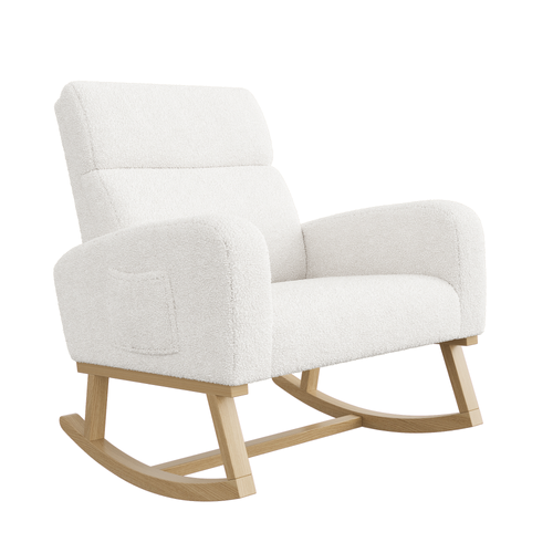 Fauteuil à Bascule En Peluche Teddy, Fauteuil De Lecture Avec Poches, Pieds En Bois Massif, Blanc
