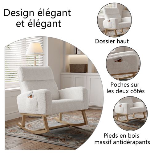 Fauteuil à Bascule En Peluche Teddy, Fauteuil De Lecture Avec Poches, Pieds En Bois Massif, Blanc