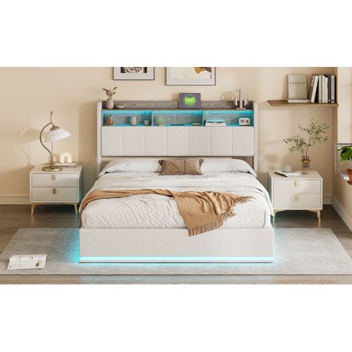 Lit Double 160x200 Cm Avec Tête De Lit Coffre Et Bande Lumineuse LED, Durable, Velours,blanc