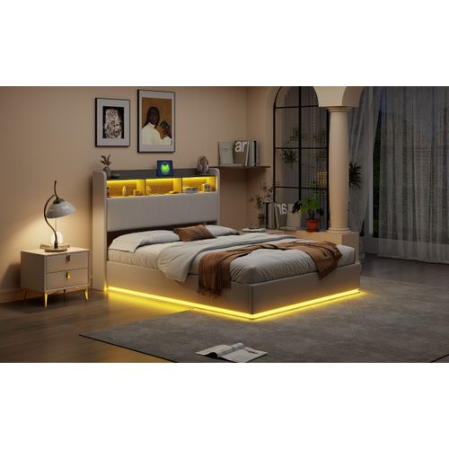 Lit Double 160x200 Cm Avec Tête De Lit Coffre Et Bande Lumineuse LED, Durable, Velours,blanc