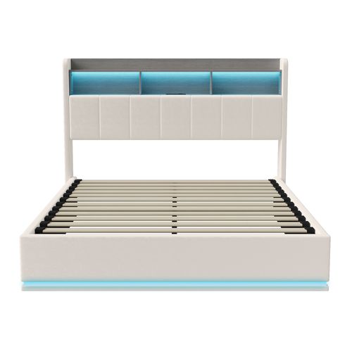 Lit Double 160x200 Cm Avec Tête De Lit Coffre Et Bande Lumineuse LED, Durable, Velours,blanc