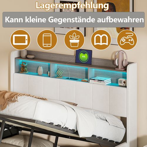 Lit Double 160x200 Cm Avec Tête De Lit Coffre Et Bande Lumineuse LED, Durable, Velours,blanc