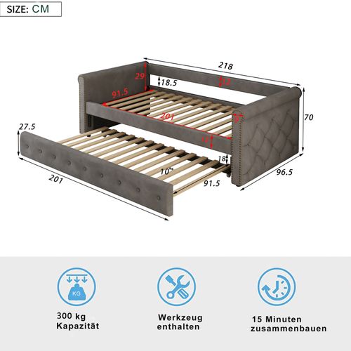 Lit Gigogne Rembourré 90x200cm, Gris