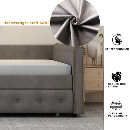 Lit Gigogne Rembourré 90x200cm, Gris