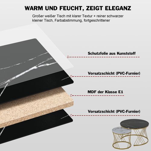 Tables Basses Gigognes Modernes, Placage De Marbre, Lot De 2, Cadre Doré, Plateau Noir Et Blanc