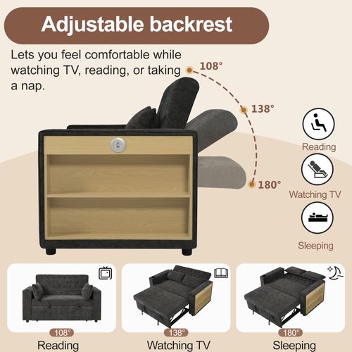 Canapé Convertible Avec Rangements, Porte-gobelets, Port USB Et Coussins - Gris