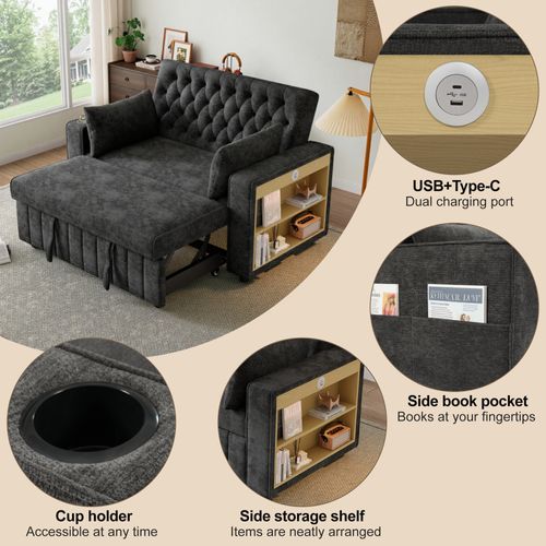 Canapé Convertible Avec Rangements, Porte-gobelets, Port USB Et Coussins - Gris