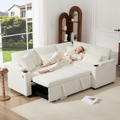 Canapé Convertible D'angle L - Porte-gobelet, USB, Plateau Et 4 Coussins - Beige