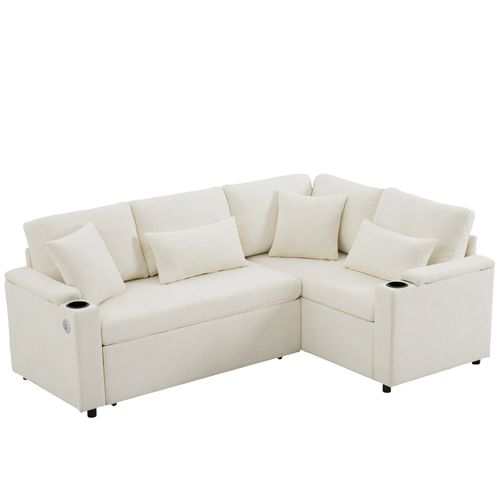 Canapé Convertible D'angle L - Porte-gobelet, USB, Plateau Et 4 Coussins - Beige