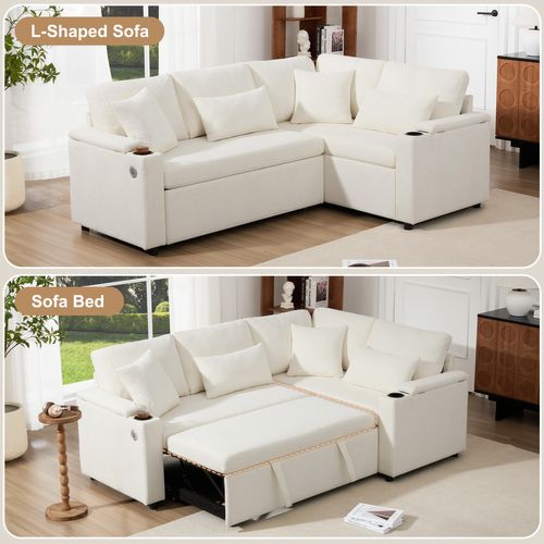 Canapé Convertible D'angle L - Porte-gobelet, USB, Plateau Et 4 Coussins - Beige