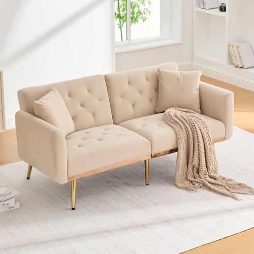 Canapé Convertible 2 Places Moderne En Velours - Beige