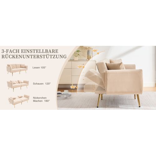 Canapé Convertible 2 Places Moderne En Velours - Beige