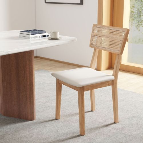 Chaise De Salle à Manger - Dossier En Rotin, Siège En Simili Cuir - Bois De Cautchouc Naturel