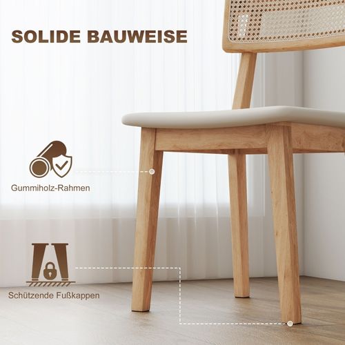 Chaise De Salle à Manger - Dossier En Rotin, Siège En Simili Cuir - Bois De Cautchouc Naturel