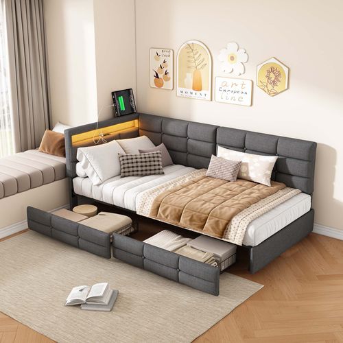 Lit Enfant 90x200cm Avec Tiroirs De Rangement, Éclairage LED Et Port USB, Lin, Gris