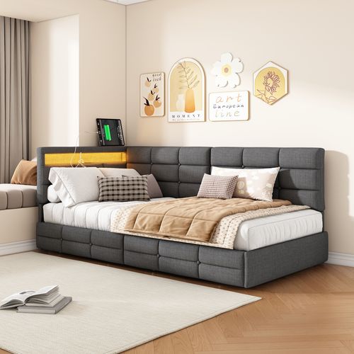 Lit Enfant 90x200cm Avec Tiroirs De Rangement, Éclairage LED Et Port USB, Lin, Gris