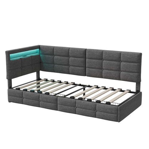 Lit Enfant 90x200cm Avec Tiroirs De Rangement, Éclairage LED Et Port USB, Lin, Gris