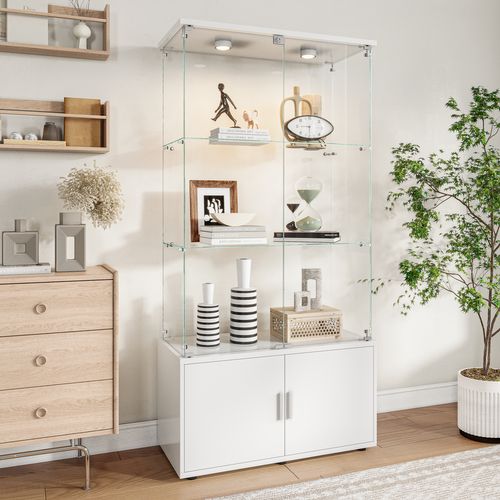 Vitrine Blanche Brillante Avec éclairage LED - 55x38x170 Cm, 4 Compartiments + 1 Tiroir | Meuble Rangement Salon