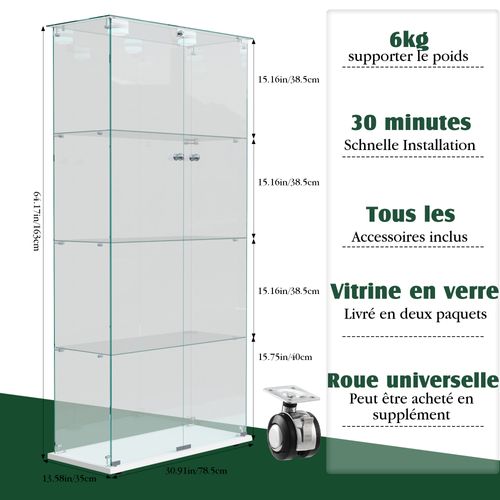 Vitrine En Verre Avec LED, Avec 2 Portes Verrouillables Et 4 Étagères, 163x78,5x35 Cm, Blanche